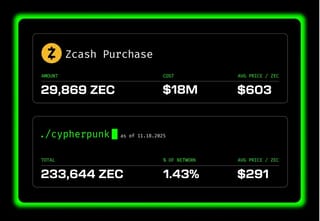 Winklevoss Treasury-Unternehmen Cypherpunk fügt 18 Mio. $ in Zcash hinzu, während ZEC um 140 % steigt
