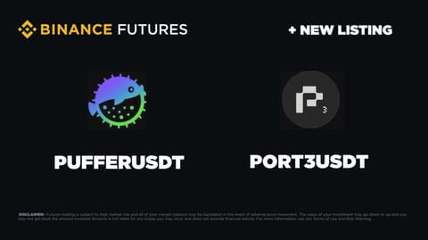 Binance lanzará el comercio de futuros para PUFFER y PORT3 el 4 de junio